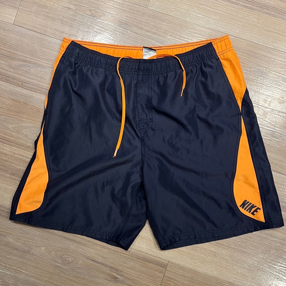Nike Mens Athletic Shorts Colorblock Mesh Lined Navy Orange Large